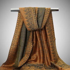 Golden Black Pashmina Scarf – Lightweight Reversible Shawl, Festival Wrap, Border Paisley Stole, Mustard Gold Festive Scarf for Women