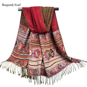 Burgundy Scarf | Reversible Winter Shawl Wrap for Women, Holiday Gift Idea, Blue, Brown Scarves, Warm Cozy Long Stoles Burgundy Scarf