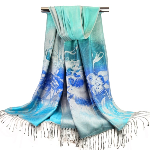 Floral Print Silk Pashmina Scarves for Women | Festival Shawls Women Head Wraps Blue Gray Bohemian Shawls | Gift for Her Fashion Accessories