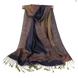 Pashmina Scarf Shawl Dark Navy Women Head Wraps Border Paisley Light weight Reversible Stole Double Sided Festival Shawls Blue Gold | Rave