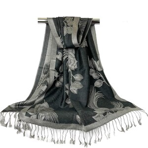 Floral Print Black Silver Gray Silk Pashmina Scarf | Festival Women Shawls Head Wraps Reversible Roses Bohemian Shawl Mothers Day Gift Her