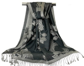 Floral Print Black Silver Gray Silk Pashmina Scarf | Festival Women Shawls Head Wraps Reversible Roses Bohemian Shawl Mothers Day Gift Her