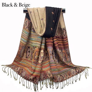 Burgundy Scarf | Reversible Winter Shawl Wrap for Women, Holiday Gift Idea, Blue, Brown Scarves, Warm Cozy Long Stoles Black & Beige