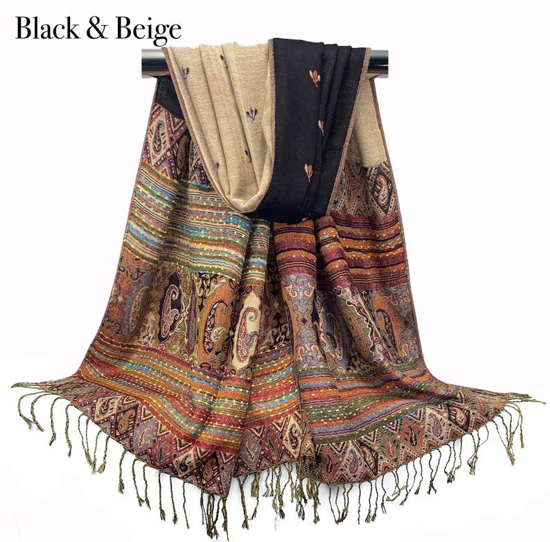 Burgundy Scarf | Reversible Winter Shawl Wrap for Women, Holiday Gift Idea, Blue, Brown Scarves, Warm Cozy Long Stoles Black & Beige