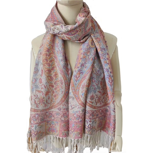 Paisley Pashmina Scarves for Women | Festival Scarf Rave Pashmina Wedding Accessories | Bohemian Shawls & Wraps | Gift for Her | Ivory Pink