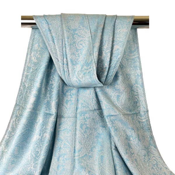 Pashmina Silk Feel Scarf Ladies Shawl Women Head Wraps Ice Blue Stole Jacquard Light Weight Spring Stole Pastel Blue Festival Scarves Rave