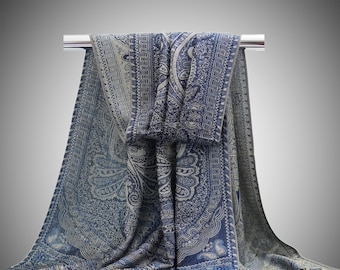 Reversible Denim Blue Bohemian Scarf | Lightweight Festival Shawl Wrap | Long Neck Stole | Unisex Scarf Premium Gifts | Winter Scarf