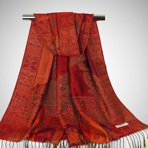 Floral Pashmina Scarf | Red Orange Shawl, Premium Gifts, Silky Pashmina Wraps, Festival Scarf, Gift for Mom, Boho Stole, Wedding Accessories