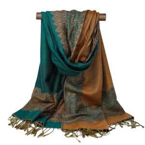 Women Paisley Pashmina Scarf Warm Light Weight Shawl Reversible Jacquard Stole Wrap Festive Gift Teal Blue & Copper, Pine Green Double Sided