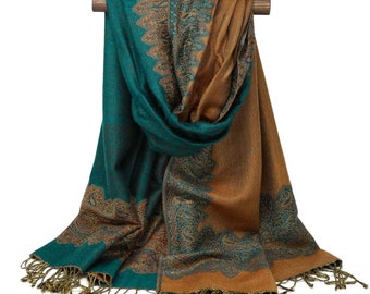 Women Paisley Pashmina Scarf Warm Light Weight Shawl Reversible Jacquard Stole Wrap Festive Gift Teal Blue & Copper, Pine Green Double Sided