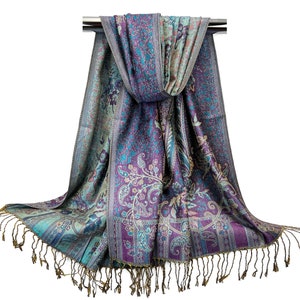 Reversible Floral Pashmina Scarf – Purple & Teal Blue Shawl | Festival Scarf | Bridesmaid, Wedding, Mother’s Day Gift, Rave Outfit Accessory