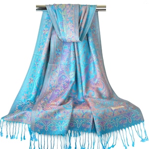 Light Blue Floral Pashmina Scarf | Festival Scarf | Wedding Pashmina Wraps Ladies Scarves Head Covers Turquoise Blue Shawl Bohemian Scarves