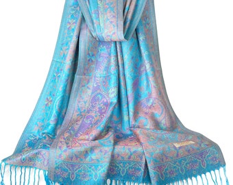 Light Blue Floral Pashmina Scarf | Festival Scarf | Wedding Pashmina Wraps Ladies Scarves Head Covers Turquoise Blue Shawl Bohemian Scarves