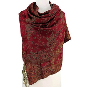 Pashmina Paisley Scarf Ladies Shawl Wrap for Women, Burgundy Warm Winter Autumn Fall Paisley Stole w/ Fringes Reversible Jacquard Dark Red