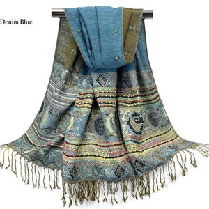 Burgundy Scarf | Reversible Winter Shawl Wrap for Women, Holiday Gift Idea, Blue, Brown Scarves, Warm Cozy Long Stoles Blue Scarf