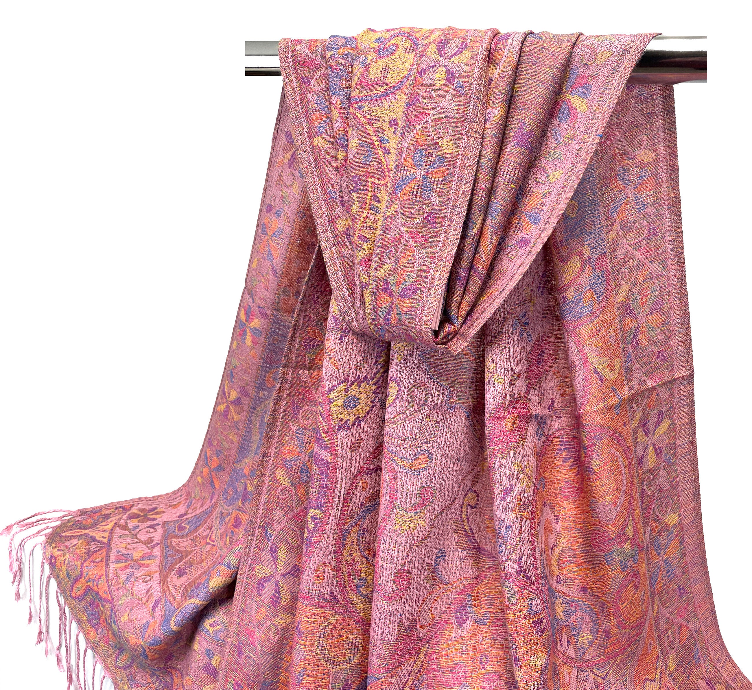 ★HILLDA★ Bohemian Paisley Scarf Pink 24FWSF2 Brown Pink Stunning Scarf, Square Silk Scarf, Foulard Soie