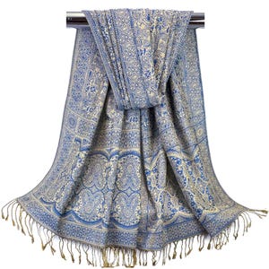 May include: A blue and cream paisley patterned scarf with gold fringe. The scarf is draped over a silver rod.