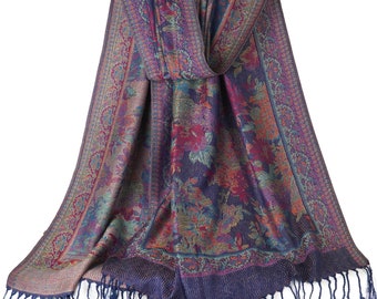 Écharpe bleu marine à fleurs en pashmina pour femme | Foulards multicolores, châle de festival léger, cadeaux de fête des mères, couvre-chef de style bohème