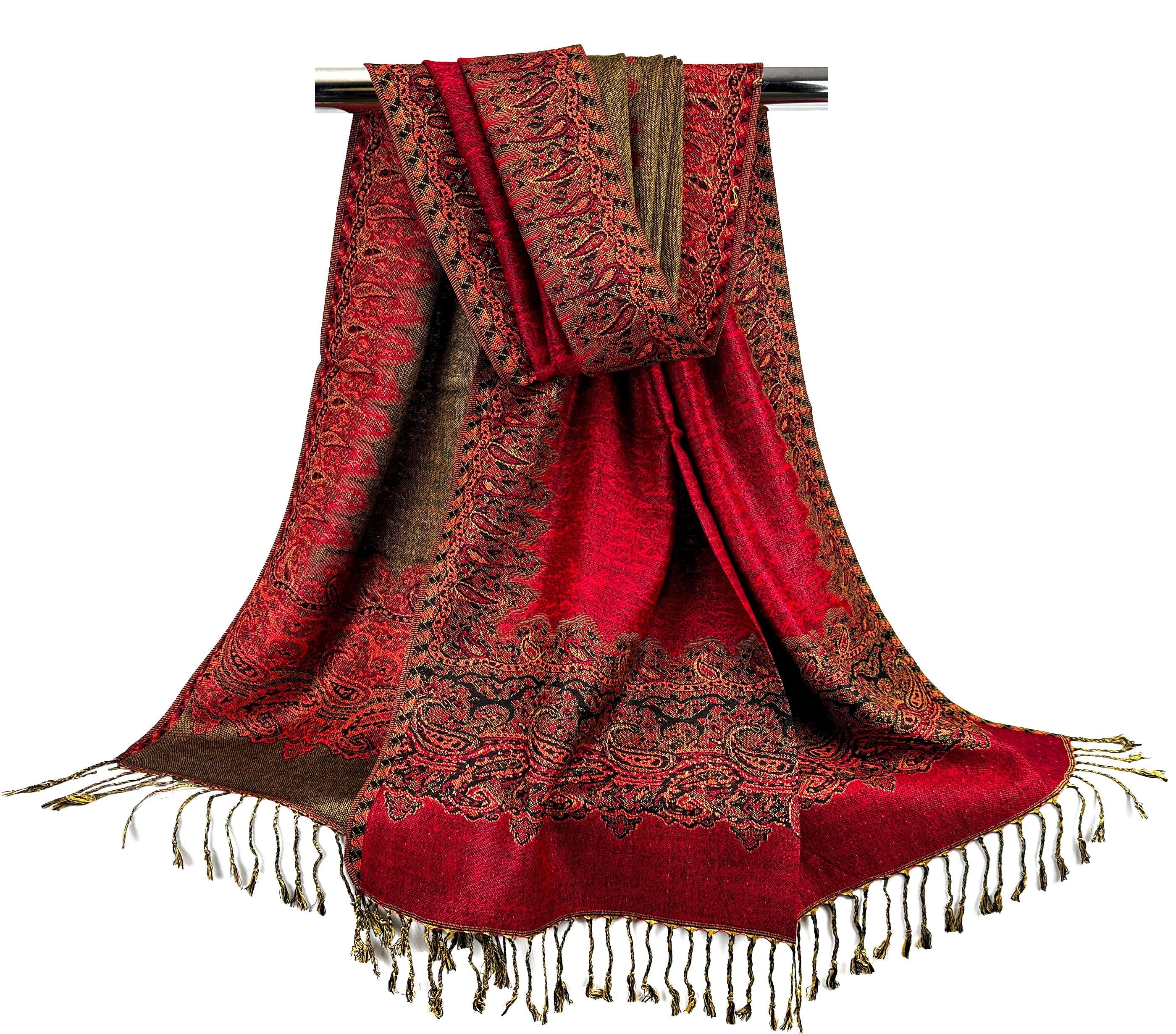 Pashmina Scarf | Shawl Wrap Red Gold Paisley Pashmina Scarf 