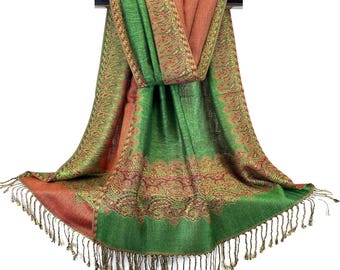 Festival Paisley Pashmina Scarf |  Reversible Kelly Green Scarves for Women | Rave Pashmina Shawl
