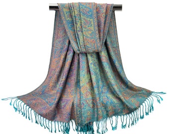Vintage Teal Blue Pashmina Scarf | Festival Shawl for Women | Bridesmaid Gift | Boho Head Cover, Hair Wrap | Rave Accessories | Gift for Her