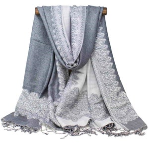 Silver Gray Pashmina Scarf Women Wraps Head Cover Indian Paisley