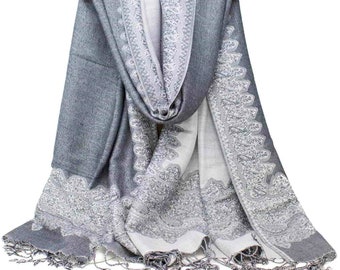 Silver Gray Pashmina Scarf Women Wraps Head Cover Indian Paisley