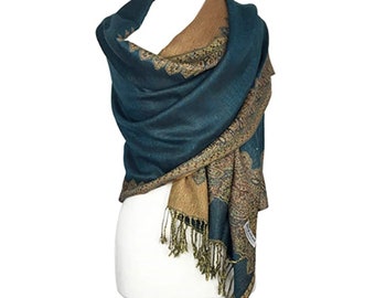 Vintage Style Knit Teal Gold Pashmina Scarf Wrap Shawl 