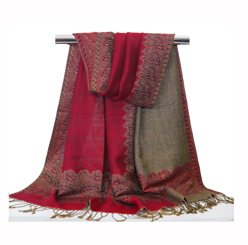 Pashmina Scarf | Shawl Wrap Red Gold Paisley Pashmina Scarf for Women | Festive Light weight Reversible Rave Pashmina Burgundy Scarf