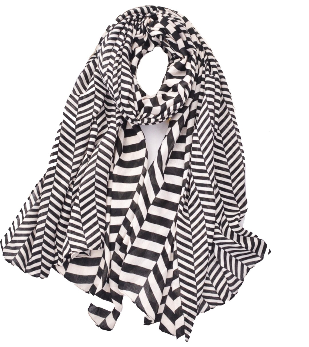 Black and White Ladies Scarves Light Weight Cotton Blend Scarves for