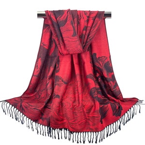 Red & Black Scarf | Festival Scarf for Women, Rose Floral Pashmina Shawls Bohemian Rave Scarf Gift for Her