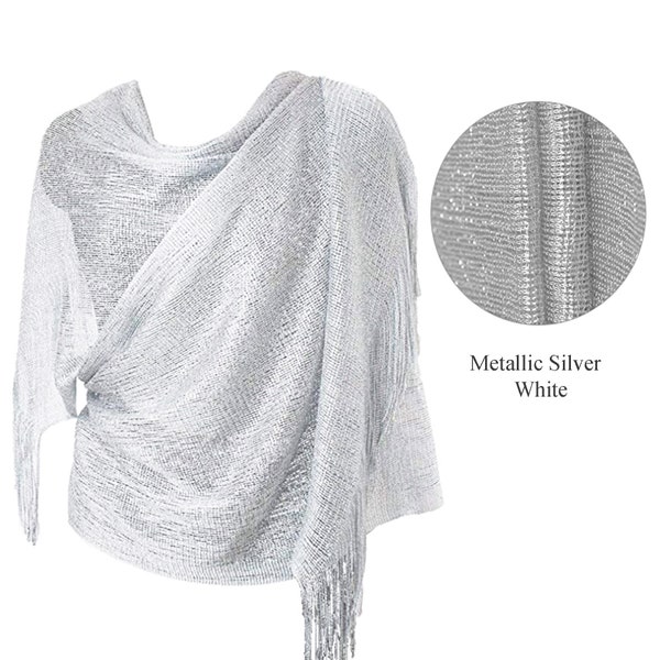 Metallic Silver White Shimmering Party Scarves | Wedding Scarf | Bridal Wrap Sparkling Shawl Evening Party Wear Formal Dresses Prom Rave