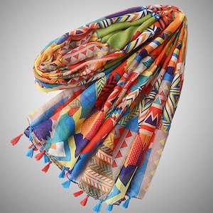 Bright Rainbow Color Summer Scarf | Red Blue Scarf Spring Fashion Accessories Travel Shawls Cotton Scarf w/ Tassels Hair Wrap Stole Cover Up