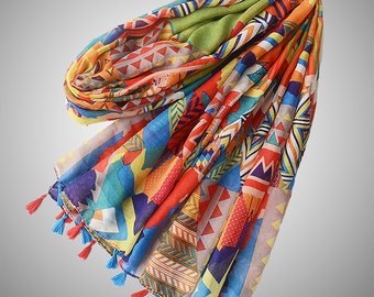 Bright Rainbow Color Summer Scarf | Red Blue Scarf Spring Fashion Accessories Travel Shawls Cotton Scarf w/ Tassels Hair Wrap Stole Cover Up