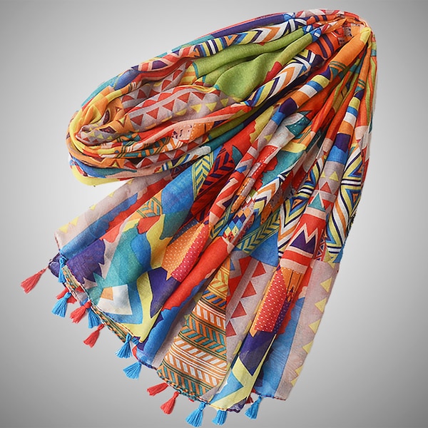 Bright Rainbow Color Summer Scarf | Red Blue Scarf Spring Fashion Accessories Travel Shawls Cotton Scarf w/ Tassels Hair Wrap Stole Cover Up