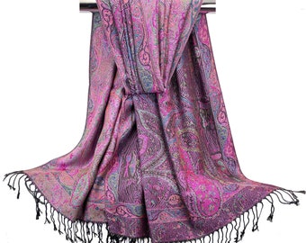 LissKiss Pashmina Schal Mit Paisley-Muster & Fransen – Violett-Blau, 70x180 Cm