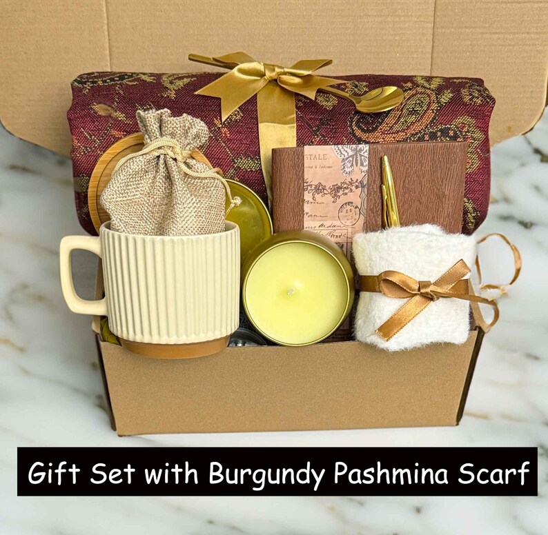 Get Well Soon Gift Box with Pashmina Scarf, Care Package For Her or Him, Thinking Of You, Surgery Recovery Burgundy Scarf
