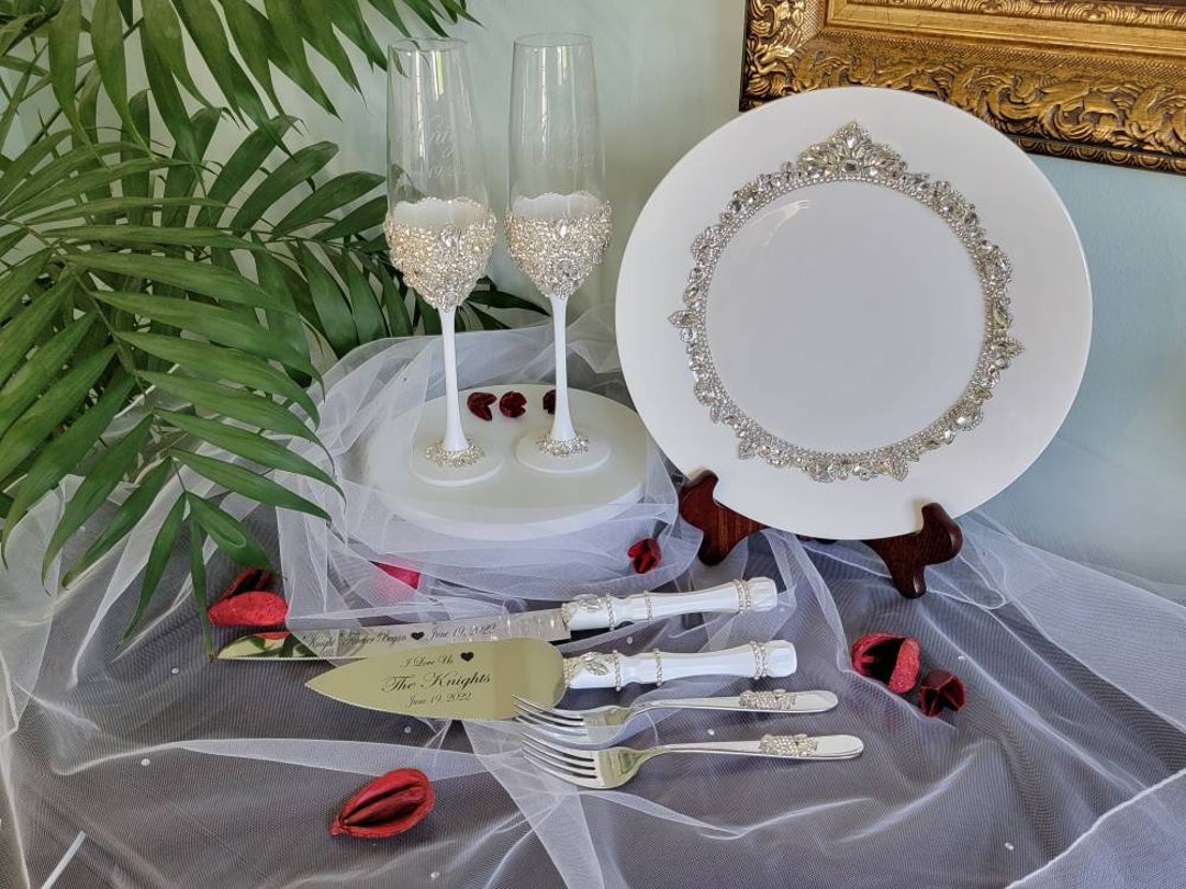 Laser Engrave Champagne Glasses Cake Knife Server Plate and Etsy