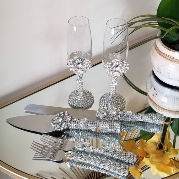 Crystal Silver Rhinestones Set Crystal Flute Glasses Rhinestones Cake  Servics Set Champagne Crystal Rhinestones Set Rhinestones Forks Set 