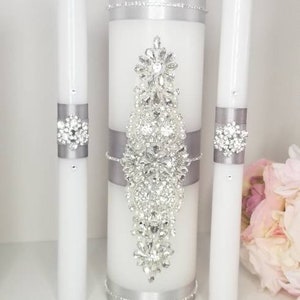 Silver Wedding Unity Candles. Wedding Ceremony Candles Silver Rhinestones Unity Candles.