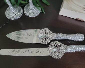 Wedding Cake Knife and Server Engrave Cake Set Silver Crystal Cake Set Wedding Gift Cake Set