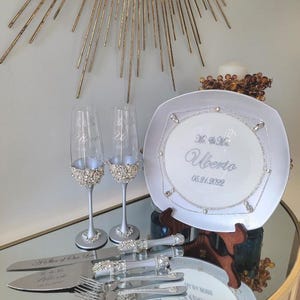 Personalized Wedding Champagne Glasses Cake knife and Server Forks plate