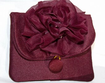 Burgundy Rose, Dog Ring Bearer Slip-On Dog Collar Pouch, Satin, Button Closure, Crystals,  Custom Colors, Fabric Rose