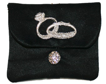 Midnight, Ring Bearer Pouch for Dog Collar, Satin, Embroidery, Button Closure, Black (Custom Colors Available)