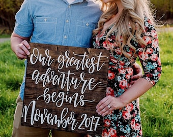 Pregnancy Announcement | Wood Pregnancy Announcement Sign | Baby Announcement Sign | Our Greatest Adventure Begins Sign | Were Expecting