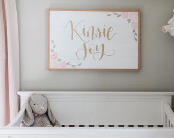 Nursery Name Sign Girl Bedroom Wall Decor Flowers Shabby Chic Nursery  Framed Name Sign Nursery Gold Pink