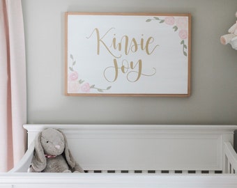 Nursery Name Sign Girl Bedroom Wall Decor Flowers Shabby Chic Nursery Framed Name Sign Nursery Gold Pink