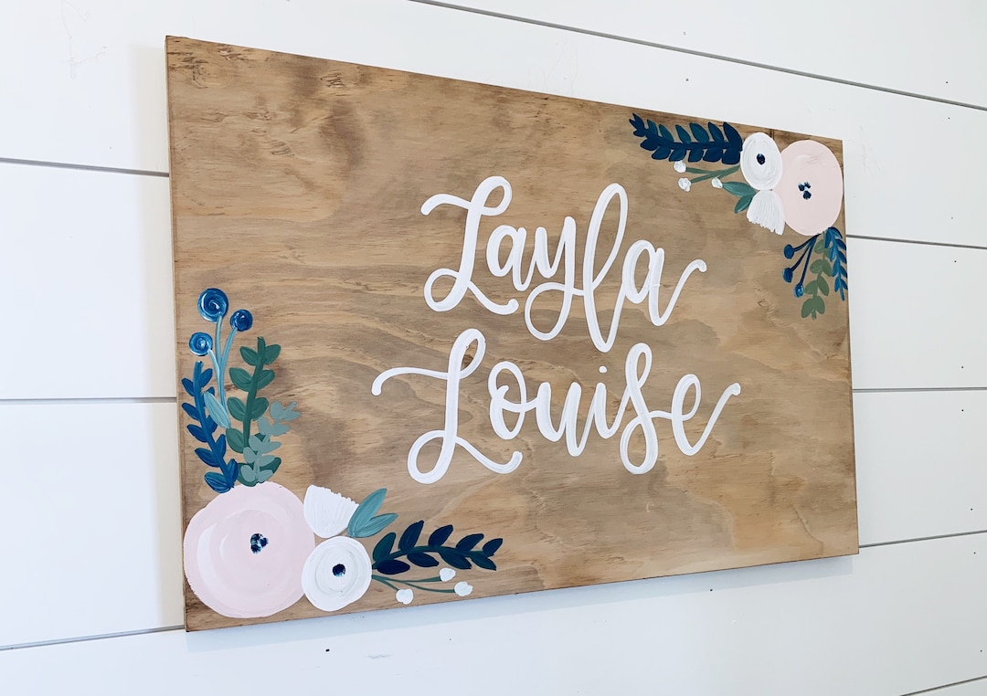 Nursery Name Sign, Nursery Wall Art, Wood Name Sign Flowers, Girl ...