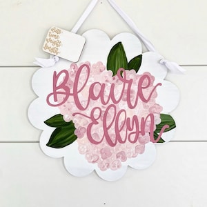 Hospital Door Hanger Girl, Floral Nursery Name Sign, Birth Stats Sign Baby Girl, Nursery Decor, Birth Announcement, Hydrangea Door Hanger