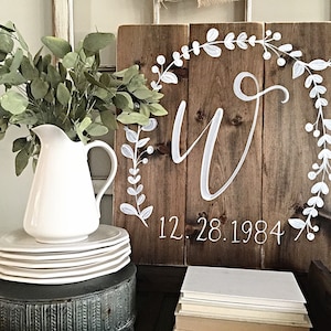 Rustic Wood Wedding Sign | Personalized Monogram, Floral Wreath
